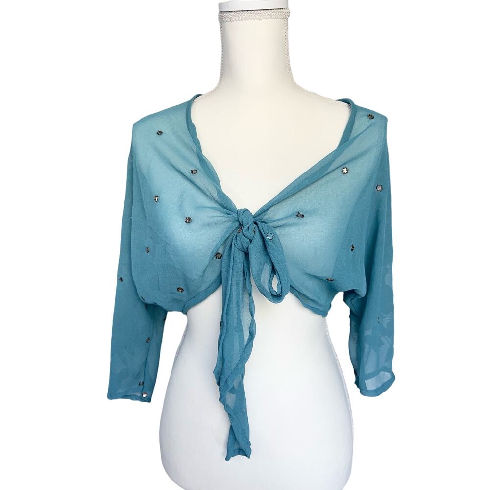 Nine West Rare Blue Front Tie Sheer Top with Mirror & Wire Circle accent one sz